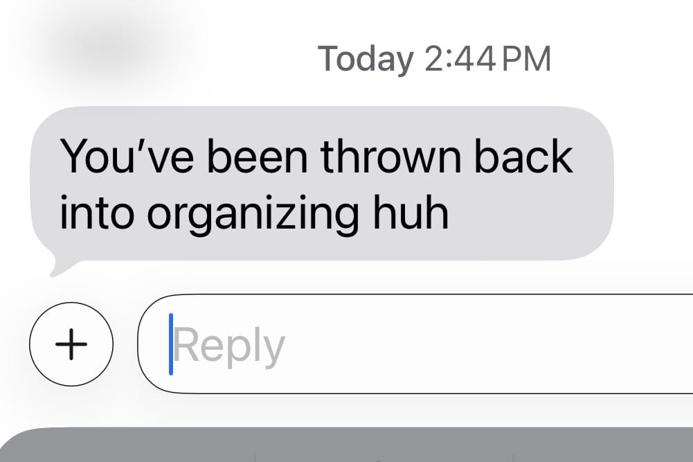 Screenshot of a text message that says "You've been thrown back into organizing huh" 